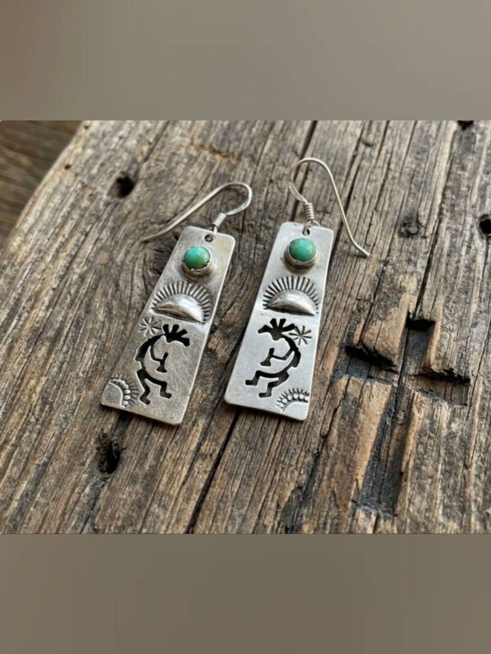 Navajo Jeff James Jr. 925 Silver Kokopelli Turquoise Dangle Earrings.